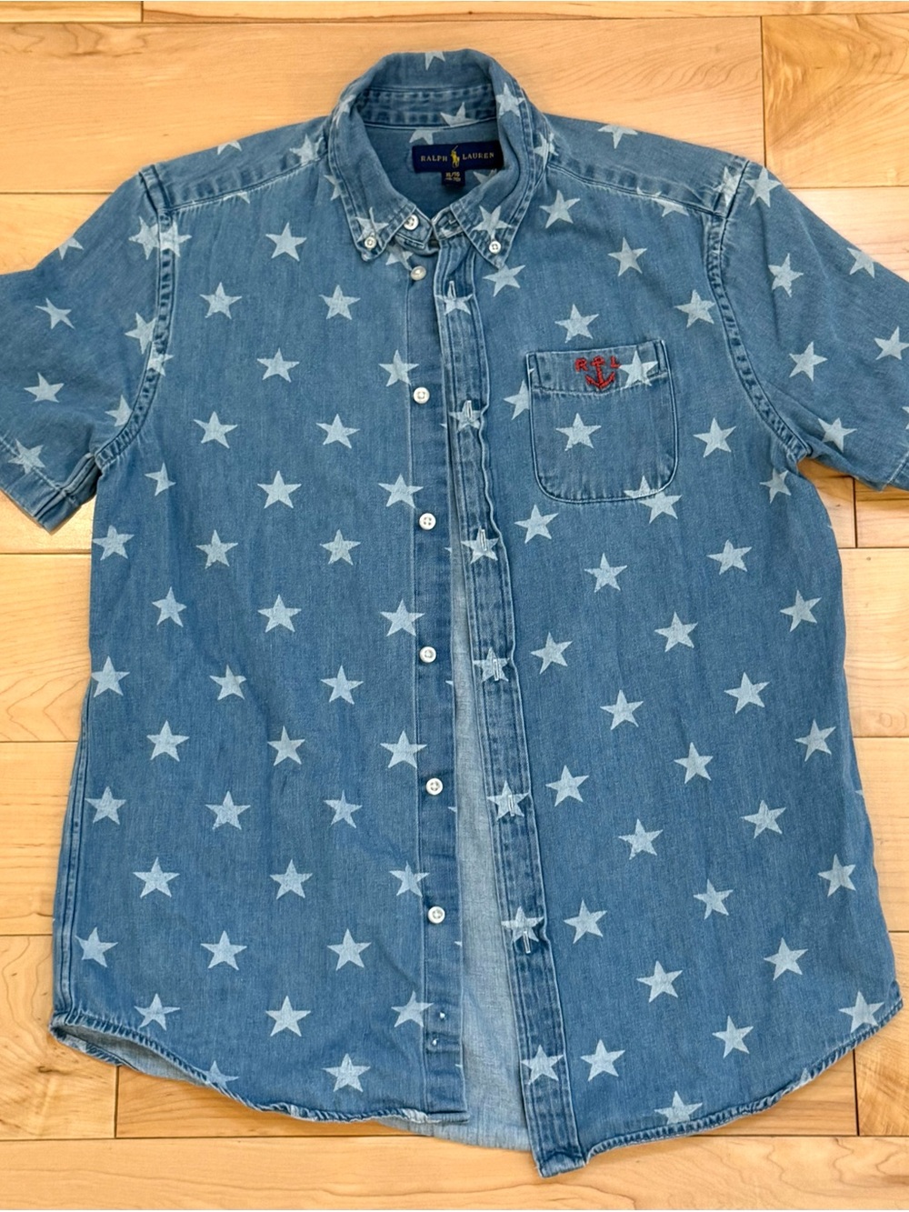 Ralph Lauren Kids' Blue Star Print Denim Short Sleeve Shirt -Size XL (18-20)